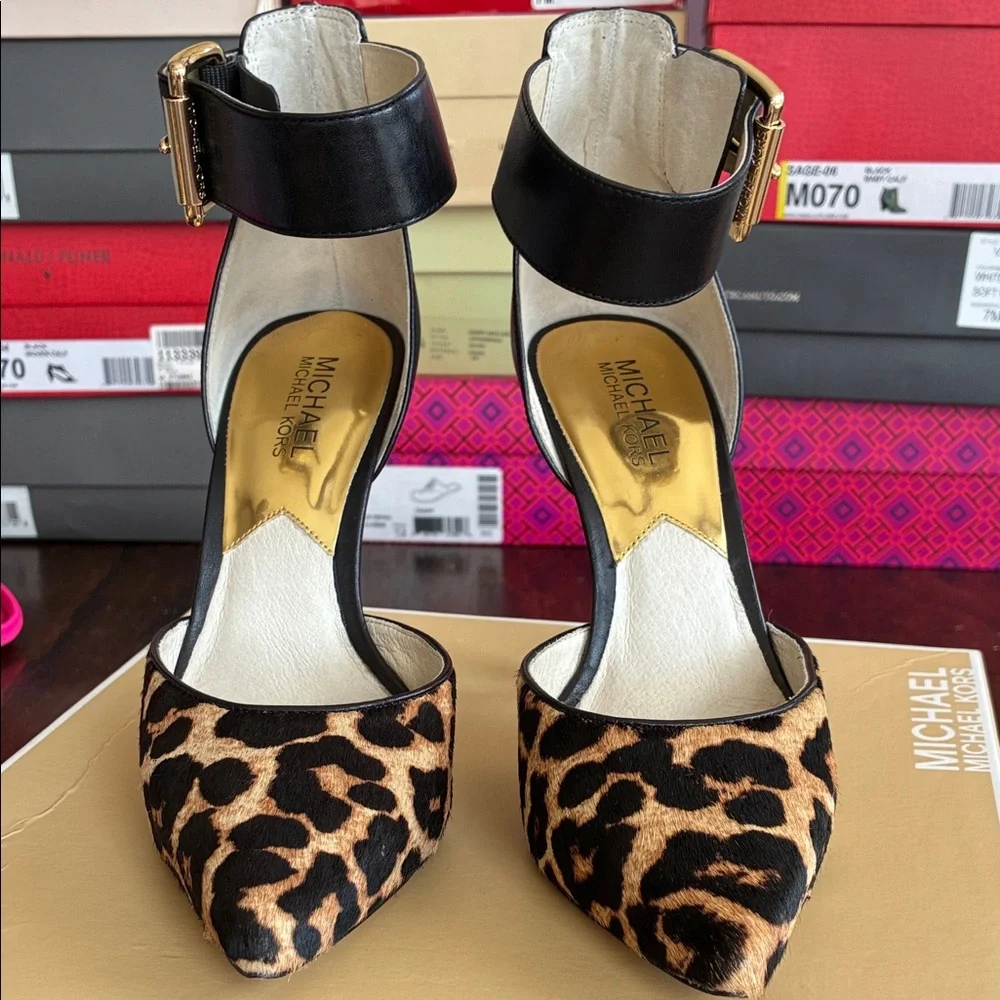 Michael Kors Leopard Print Pointed Toe Ankle-Strap Heels - Black/Leopard - Picture 2 of 6